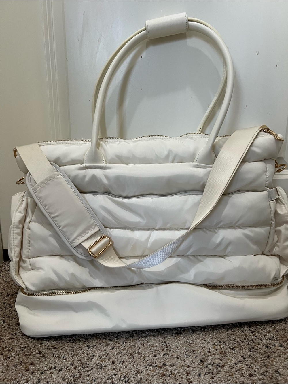 Padded Cream Travel Tote with Detachable Shoulder Strap